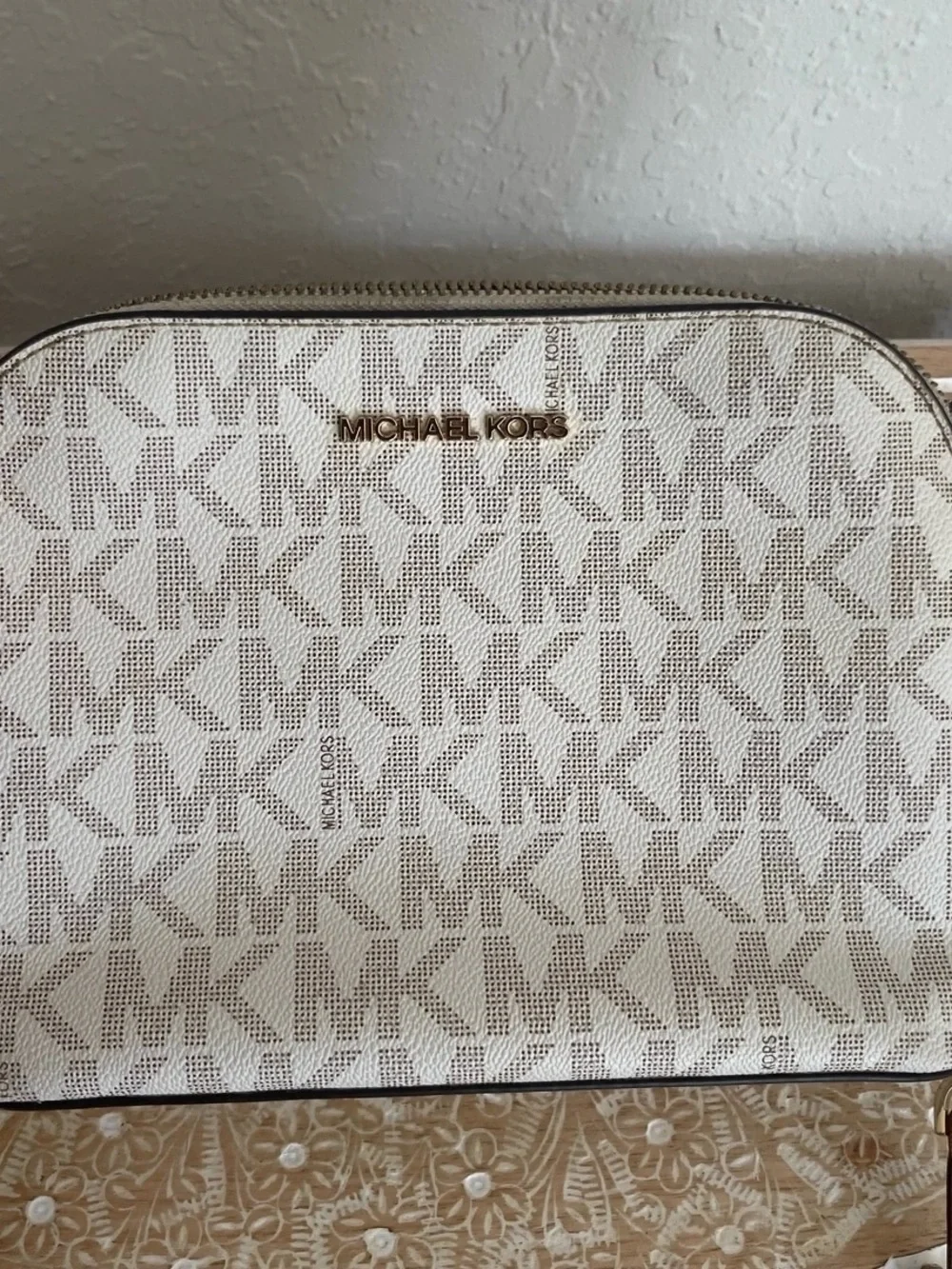 Michael Kors White Logo Crossbody with Brown Trim and Gold Hardware